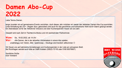 Damen Abo Cup fällt leider durch steigende Corona-Inzidenzen aus!